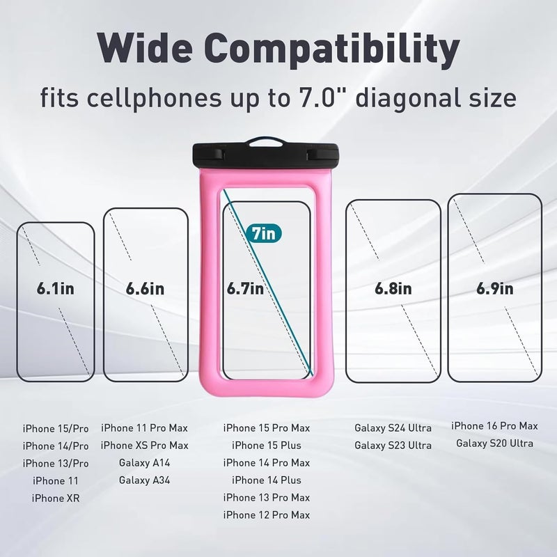 Foweroty Floatable Waterproof Phone Pouch/Case with Crossbody Lanyard for iPhone 17 Series 16 Pro Max/15 Pro/14/13/12, IP68 Cellphone Dry Bag Beach Cruise Ship Essentials, 1 Pack-Pink-7″ - Image 2